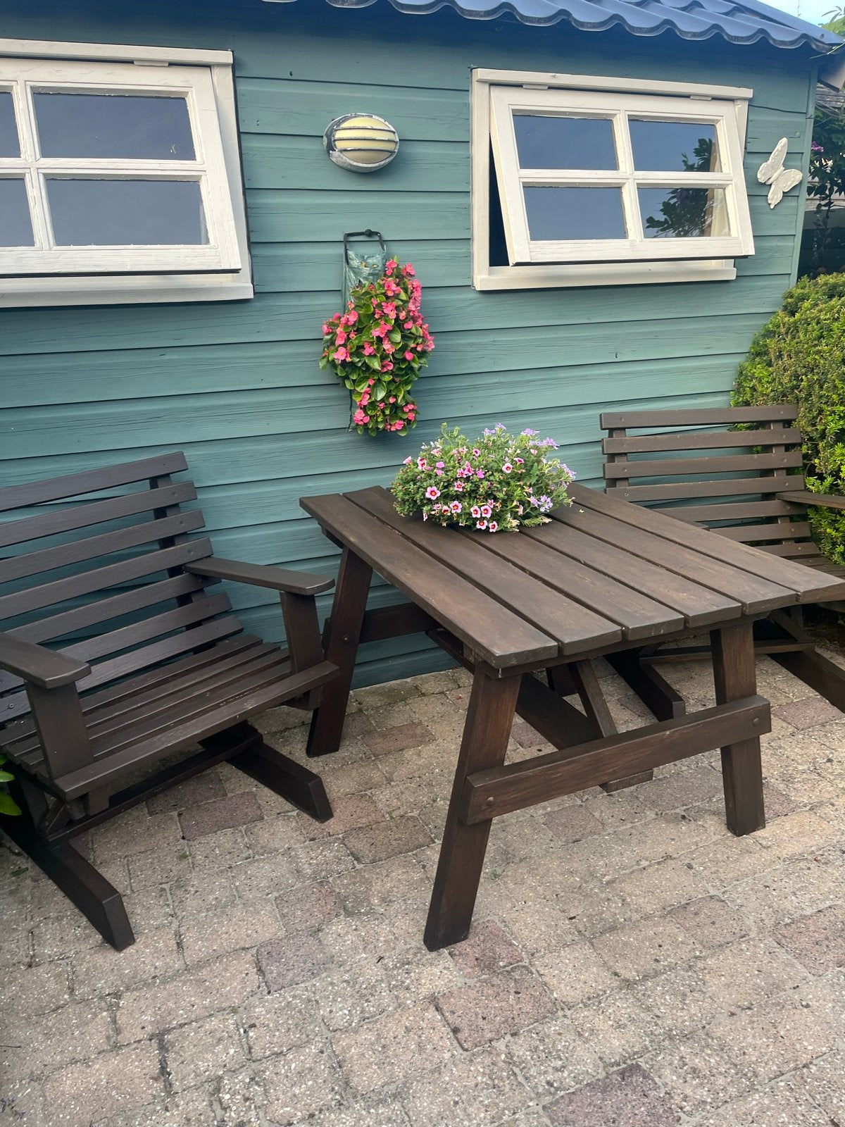 Goed onderhouden hardhouten tuinset met kussens, Tuin en Terras, Tuinsets en Loungesets, 2 zitplaatsen, Eettafel, Hardhout, Ophalen of Verzenden