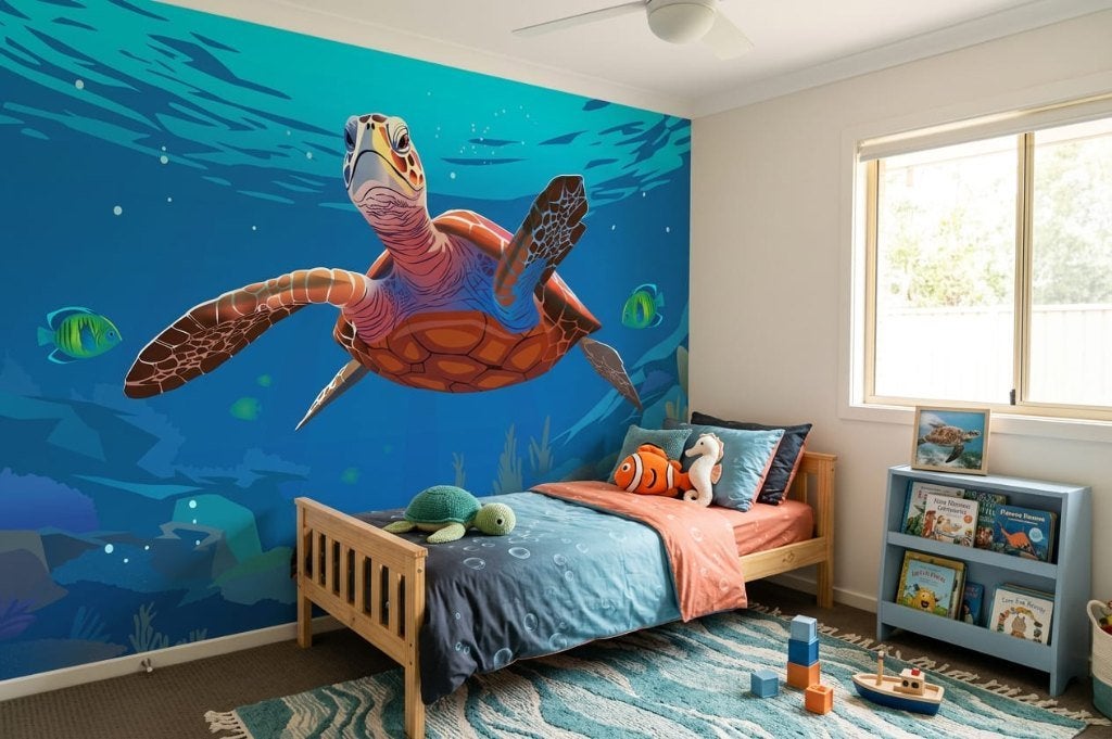 Zee behang kinderkamer – zeeschildpad op maat, Overige merken, 75 m² of meer, Modern, Ophalen of Verzenden