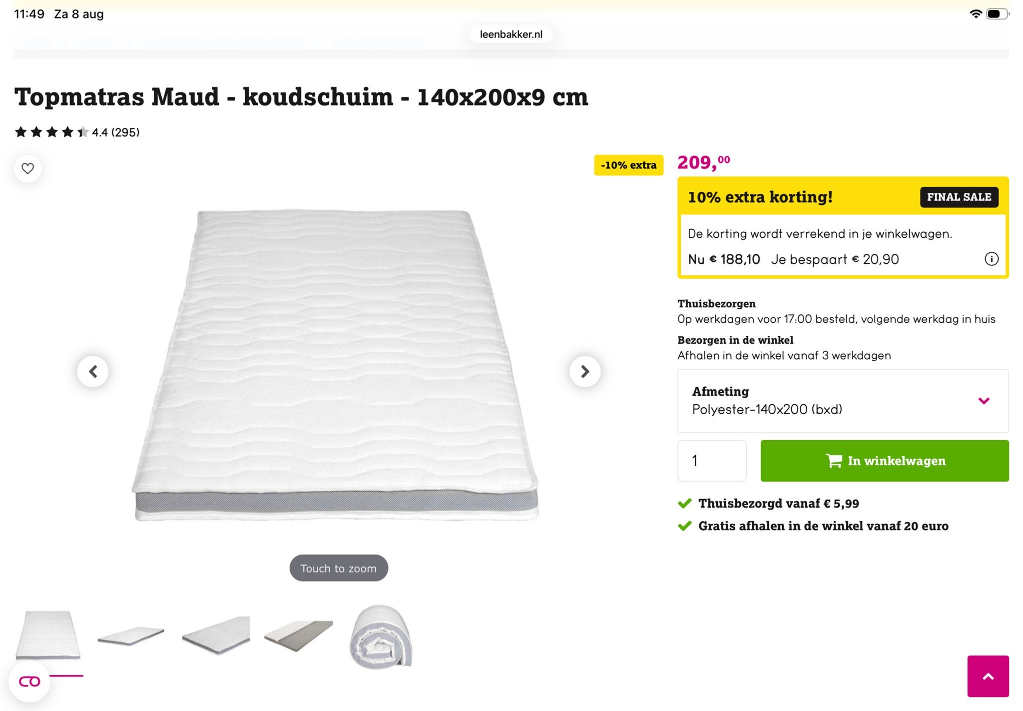 Te koop:Topmatras Maud - koudschuim - 140x200x9 cm, Ophalen, Zo goed als nieuw