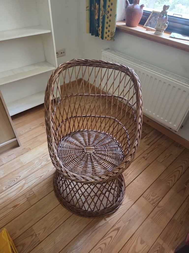 Vintage rotan/rieten fauteuil  – pauwstoel stijl, Ophalen, Gebruikt, Bruin, Riet of Rotan