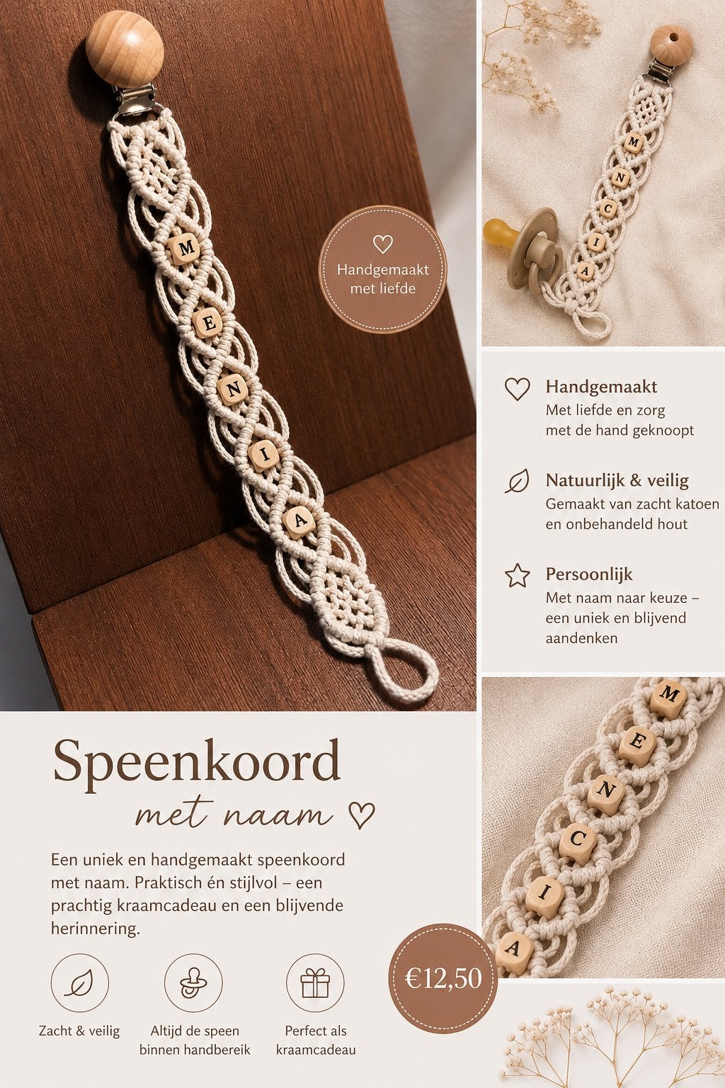 Handgemaakte Macramé Speenkoord met Naam, Ophalen of Verzenden, Nieuw