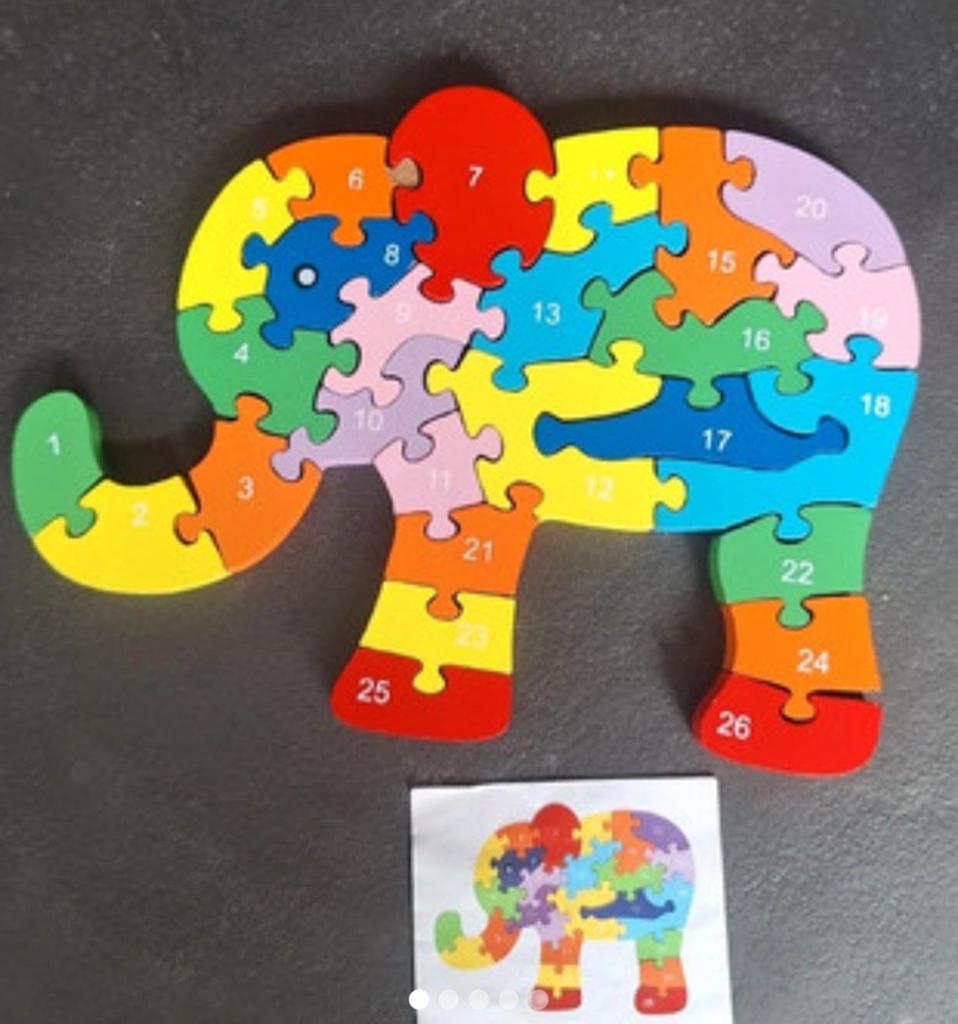 Houten olifant puzzel met cijfers en letters, Kinderen en Baby's, Speelgoed | Kinderpuzzels, 2 tot 4 jaar, Gebruikt, 10 tot 50 stukjes