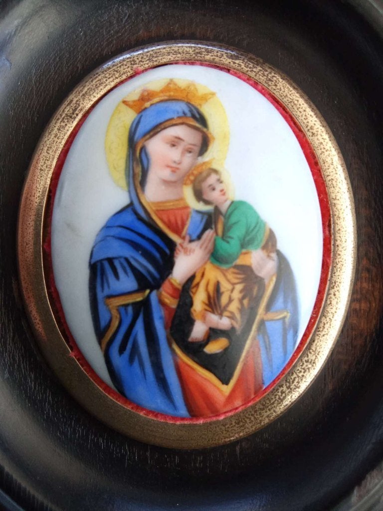 Maria met Kindje Jezus miniatuurschilderij op porselein, Ophalen of Verzenden, Gebruikt, Overige typen, Christendom | Katholiek