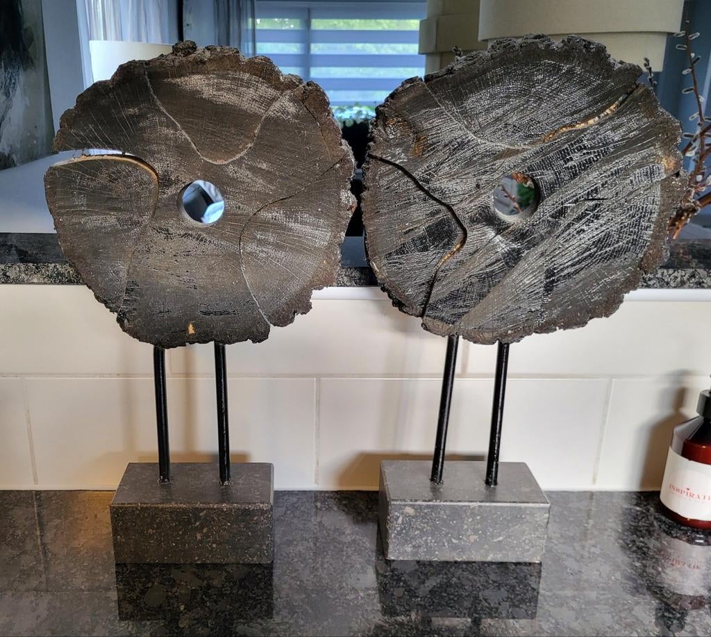Set van 2 decoratieve houtschijven op standaard, Huis en Inrichting, Woonaccessoires | Kransen, Ophalen of Verzenden