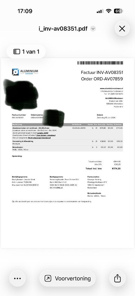 Aluminium koker, Ophalen, Nieuw, Aluminium