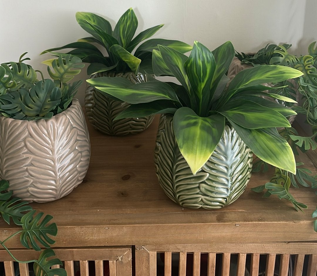 4 bloempotten met 4 kunst planten, Ophalen, Rond, Zo goed als nieuw, Aardewerk