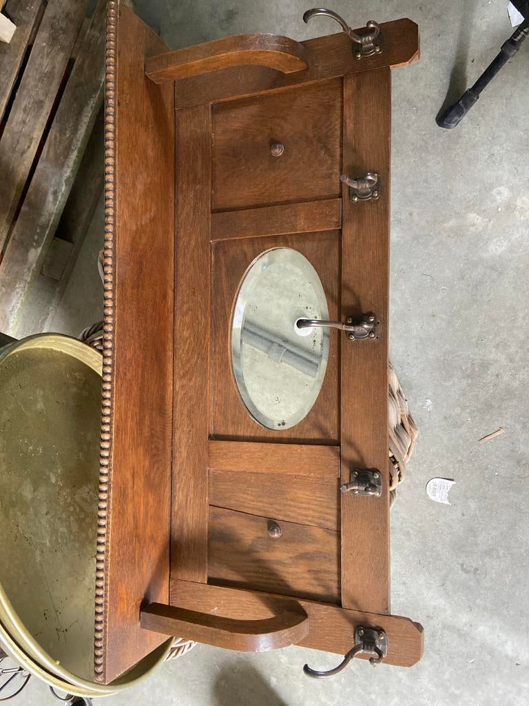 Antieke houten kapstok met spiegel en haken, Ophalen of Verzenden