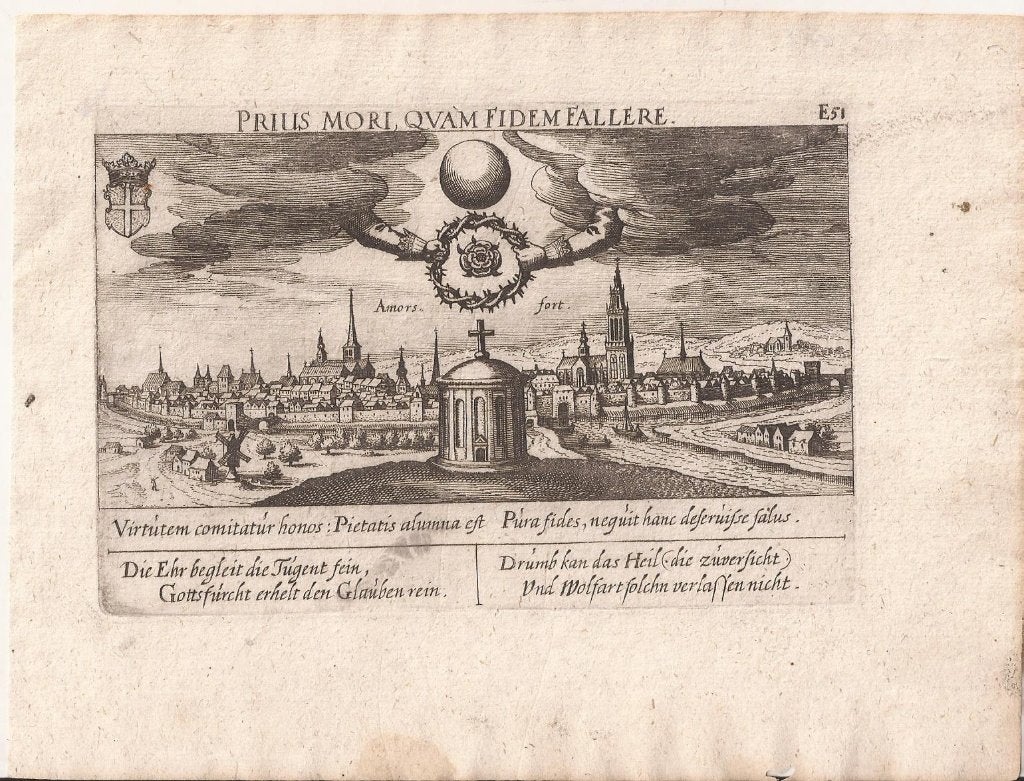 Amersfoort Amersfort 1637 D. Meisner Prius Mori Qvam Fidem, Antiek en Kunst, 10 cm, Stadsgezicht, Gravure, 14 cm