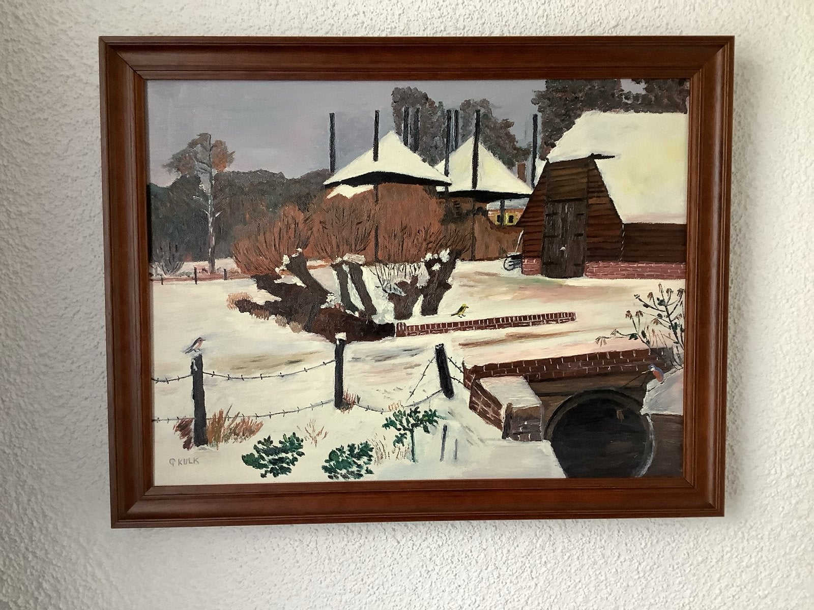 Schilderij: Winterlandschap met boerderijen en knotwilgen, Ophalen of Verzenden