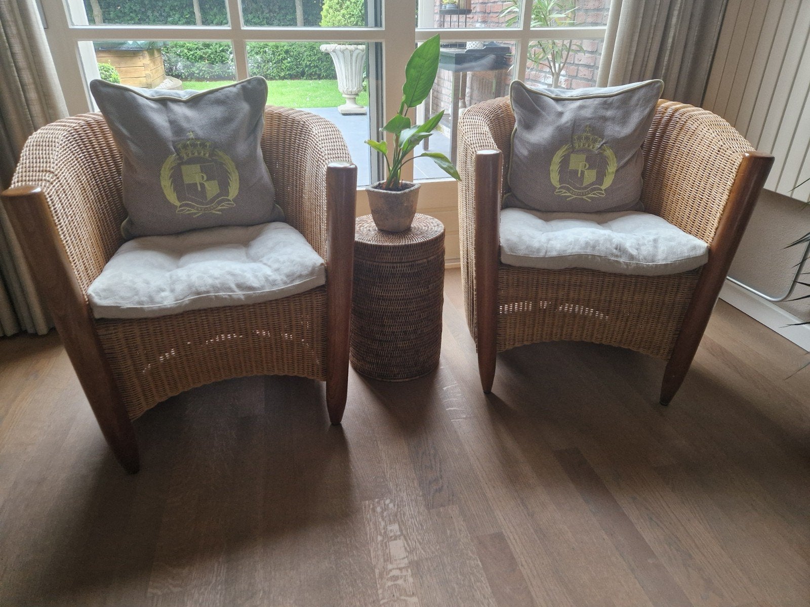 Set van 2 rotan fauteuils met kussens, Gebruikt, Minder dan 75 cm, Riet of Rotan, 50 tot 75 cm