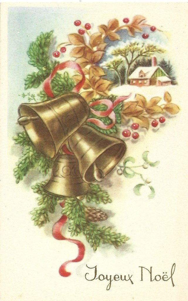 Oud*Kerst*Klokjes met rose lint e bloemen*Landschap*Brocante, Ophalen of Verzenden, 1920 tot 1940, Ongelopen, Feest(dag)