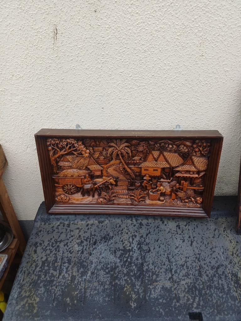 Antiek houtsnijwerk  groot thaise dorp houten wandpaneel, Ophalen of Verzenden