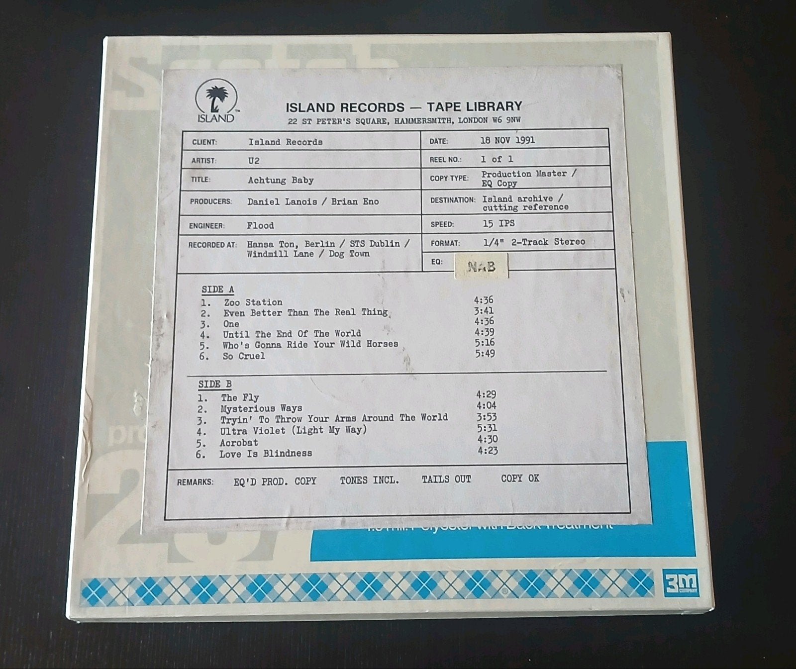 U2 ACHTUNG BABY  1991 Production Master Island Records tape, Ophalen of Verzenden, Gebruikt