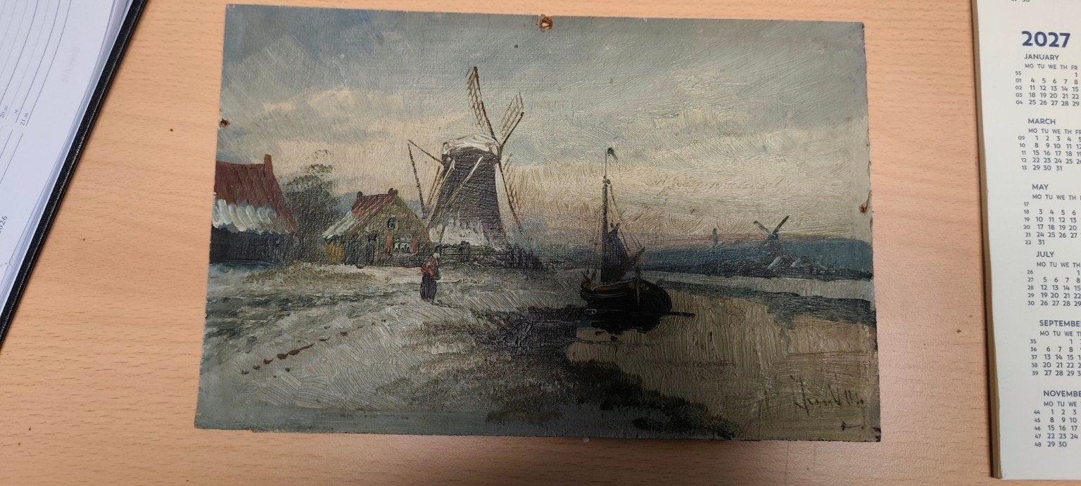 Schilderij olieverf Hollands Landschap met Molen en Boot, Paneel, Gesigneerd, Realistisch, Ophalen of Verzenden