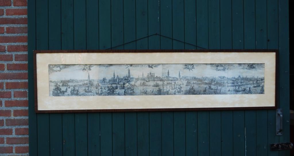 Stadsgezicht Amsterdam 1614 ingelijst, Antiek en Kunst, Kunst | Etsen en Gravures, Ophalen, 44 cm, Ingelijst, 175 cm