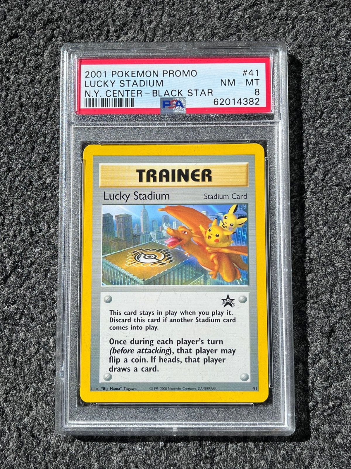 Pokémon PSA 8 Lucky Stadium Promo #41 NY Center Black Star, Ophalen of Verzenden, Zo goed als nieuw, Losse kaart, Foil