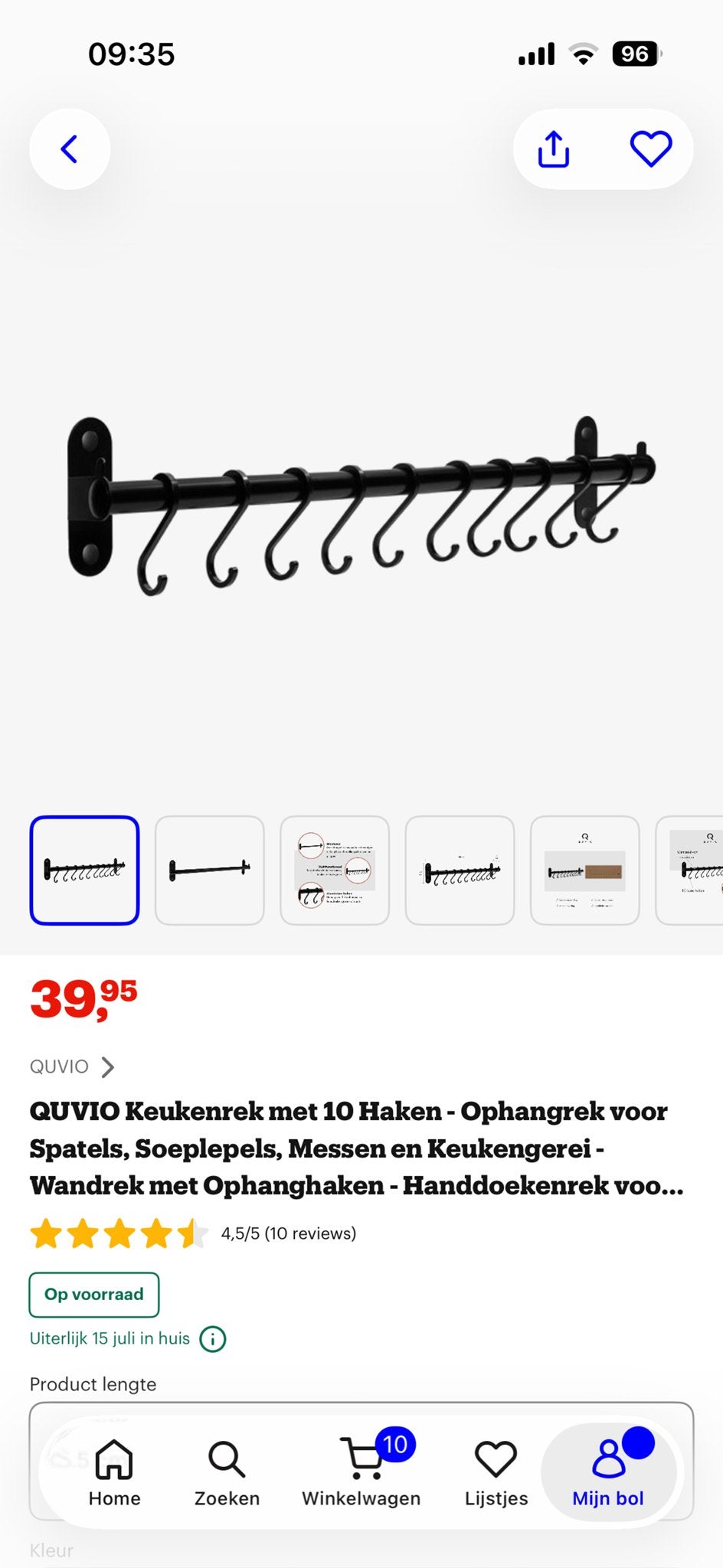 QUVIO Keukenrek met 10 Haken - Zwart Aluminium, Ophalen, Overige typen, Nieuw, Zwart