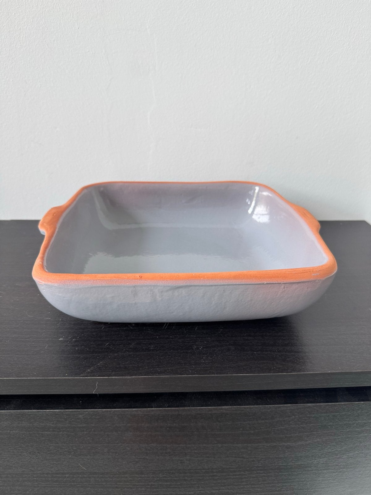 Keramieken Ovenschaal - Grijs met Oranje Rand, Gebruikt, Porselein of Keramiek, Schaal, Vierkant