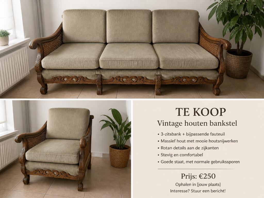Vintage houten bankstel, Huis en Inrichting, Ophalen, Gebruikt, Barok, 150 tot 200 cm