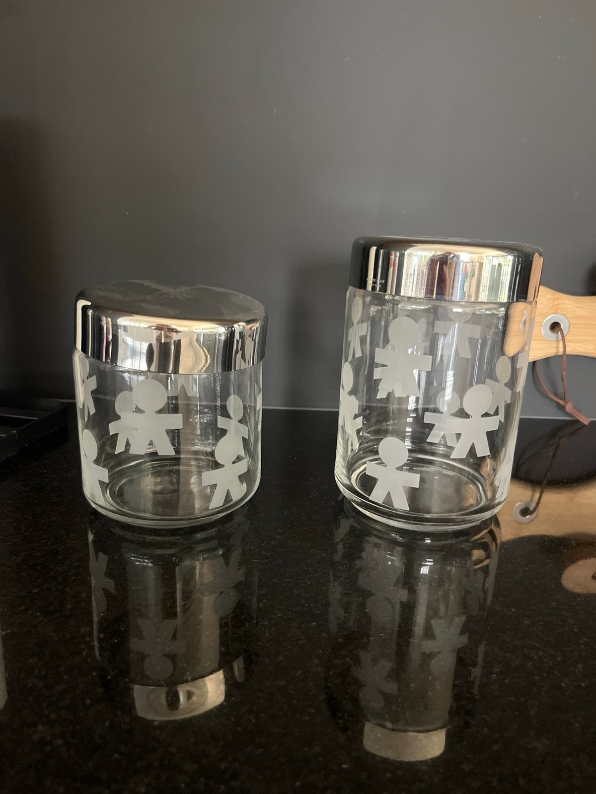 Twee Alessi voorraadpotten met figuurtjes, Zilver, Ophalen of Verzenden, Voorraadpot, Alessi