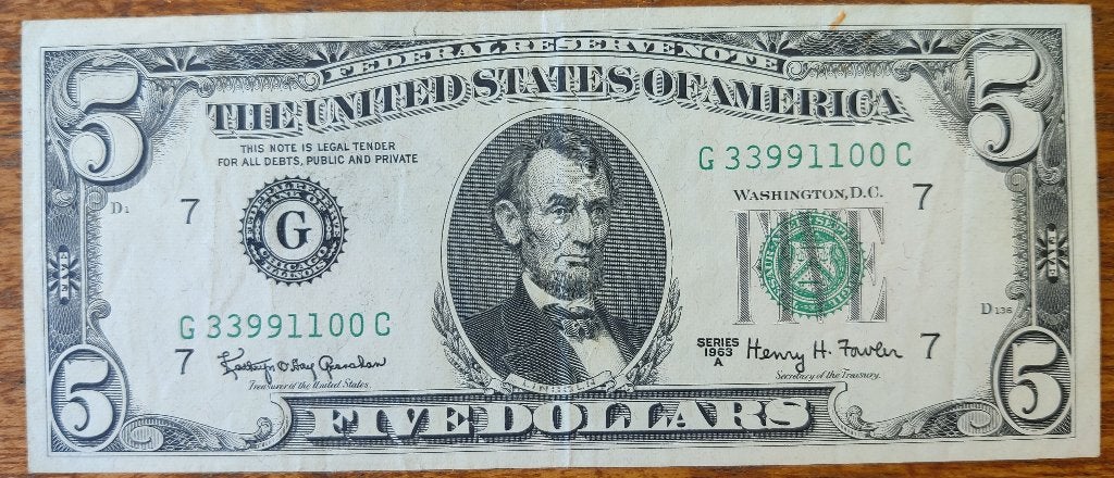 Bankbiljet USA 5 Dollar 1963 series A, Verzenden, Noord-Amerika