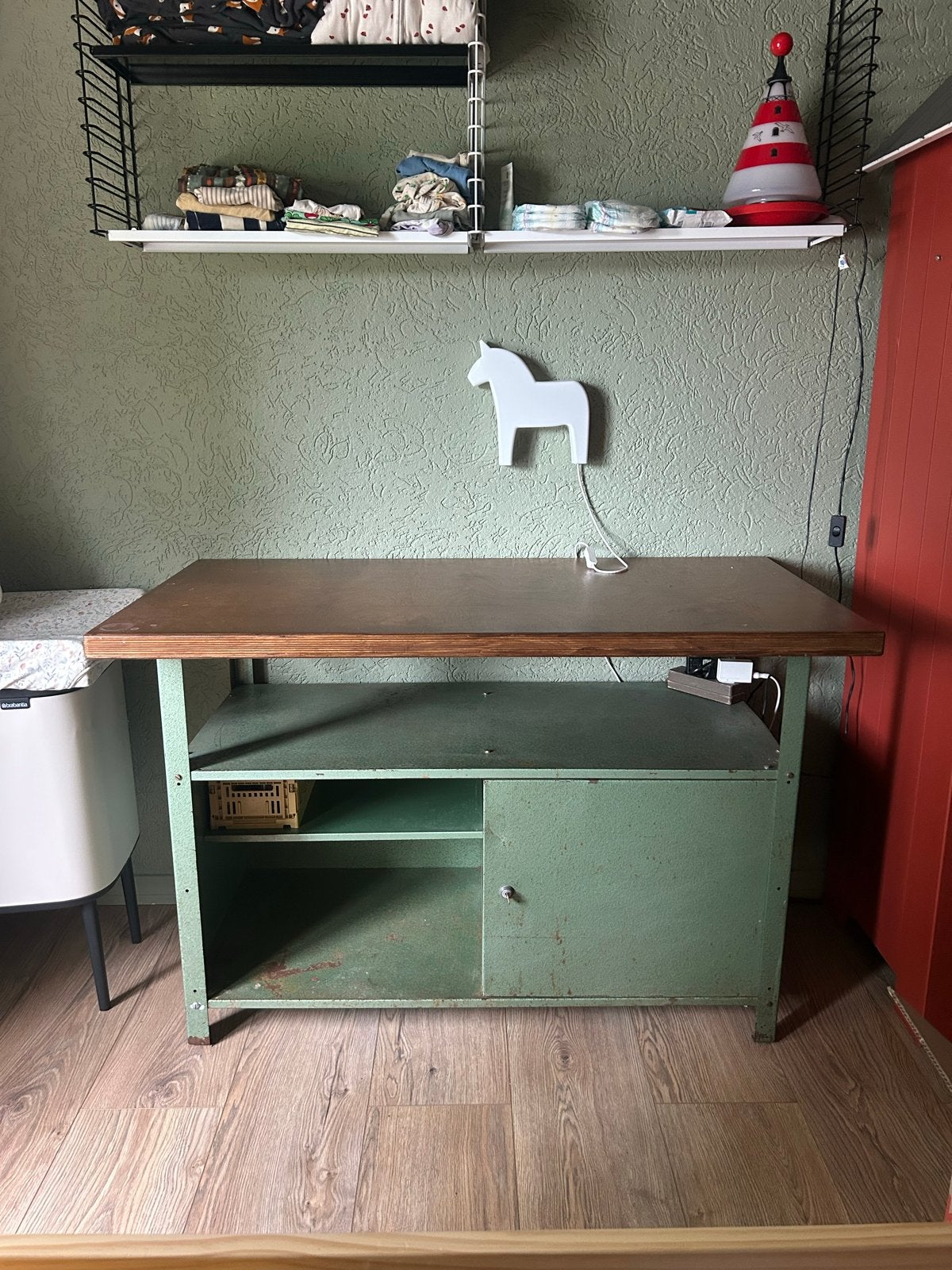 Vintage Industriele werkbank, commode, bureau, kast, Ophalen, Groen, Gebruikt, Hout