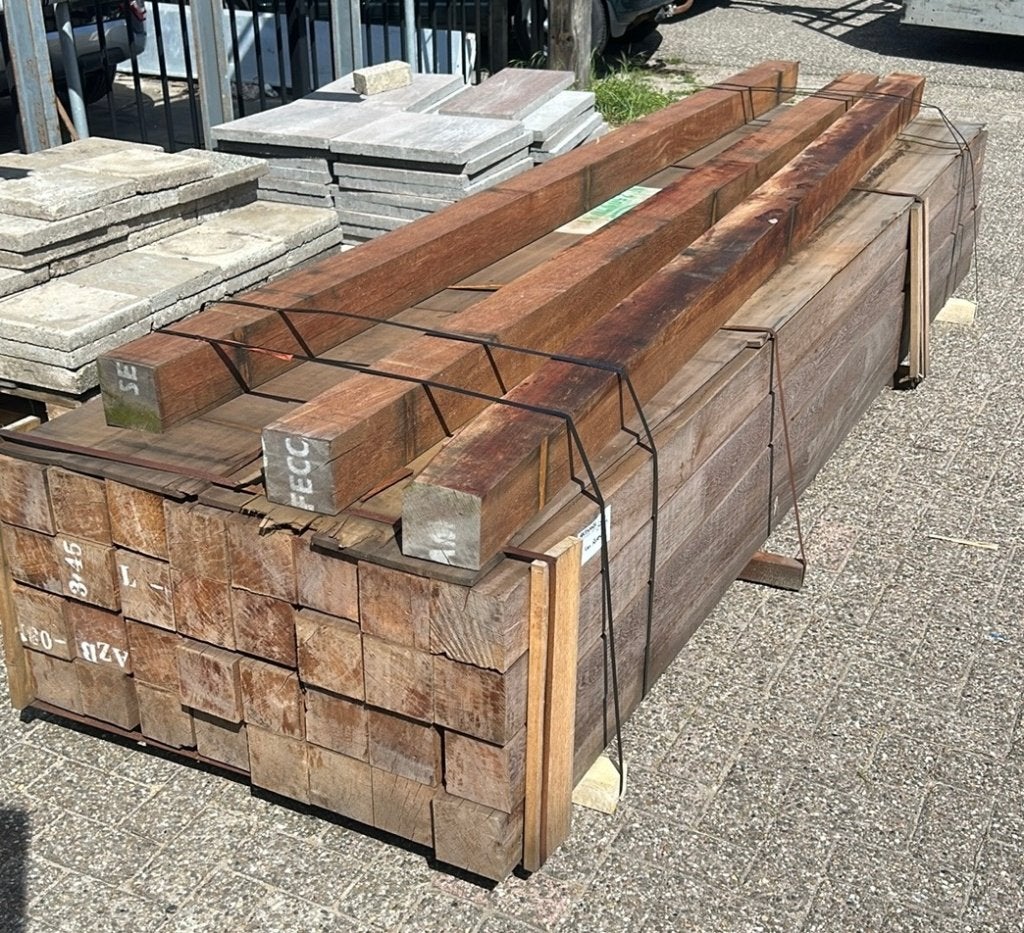 Hardhouten Azobé schuttingpalen 12x12 a 350cm, Ophalen, Palen, Nieuw, Hardhout
