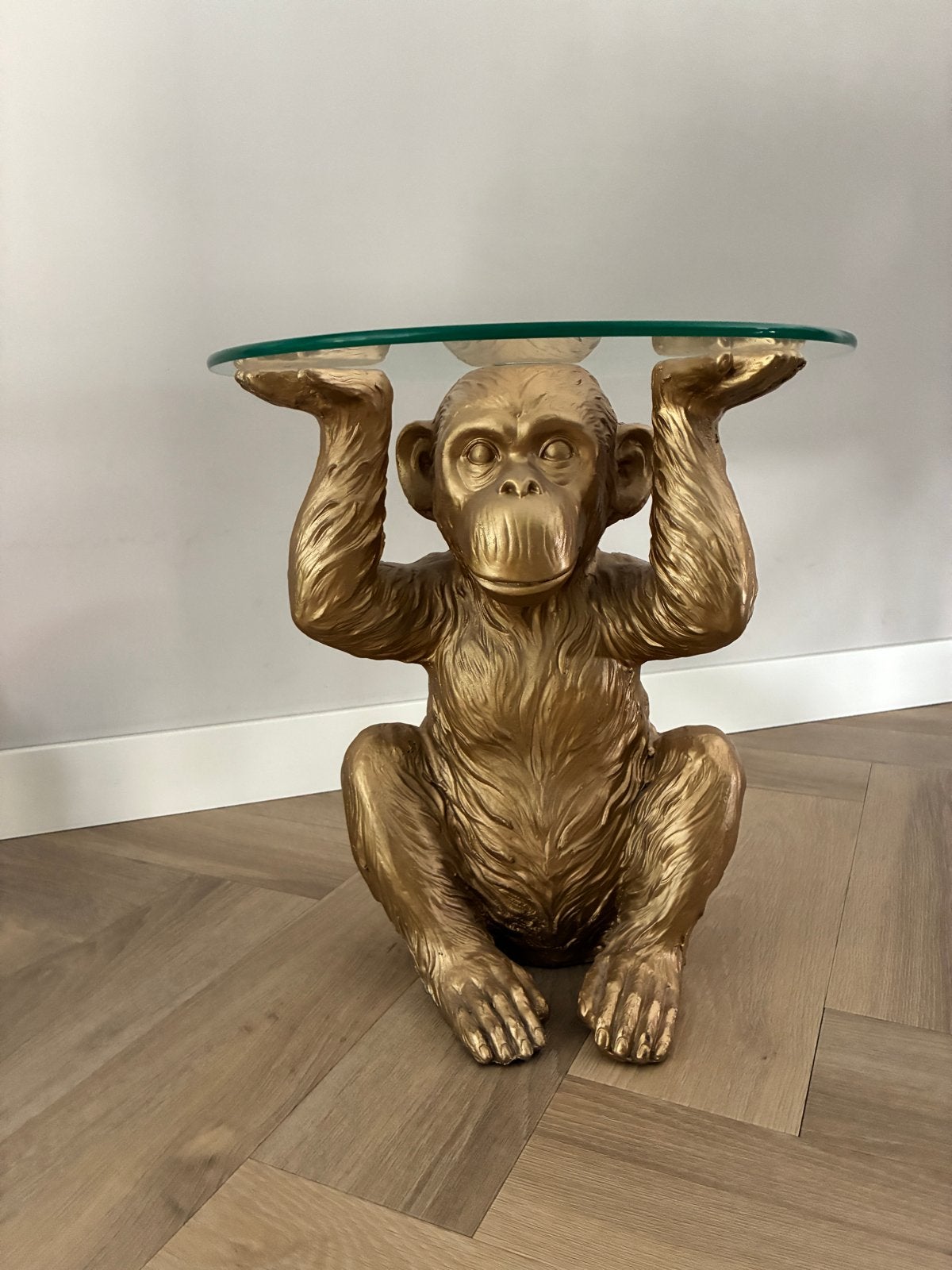 Gouden Aap Bijzettafel met Glazen Blad, Minder dan 55 cm, Rond, Ophalen, 45 tot 60 cm