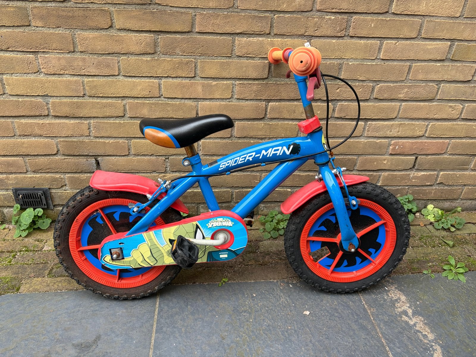 Spider-Man kinderfiets - Blauw/Rood, Ophalen, Gebruikt, Schijfrem, Minder dan 16 inch