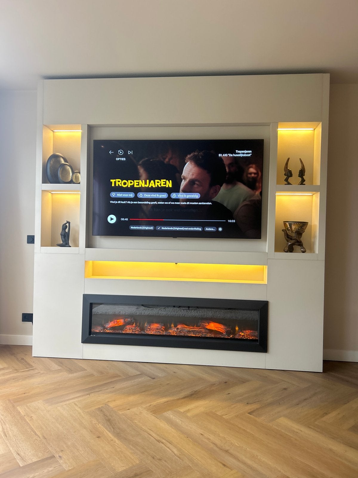 Luxe Cinewall met electrische haard & TV-nis., Ophalen, Zo goed als nieuw, 25 tot 50 cm, 200 cm of meer