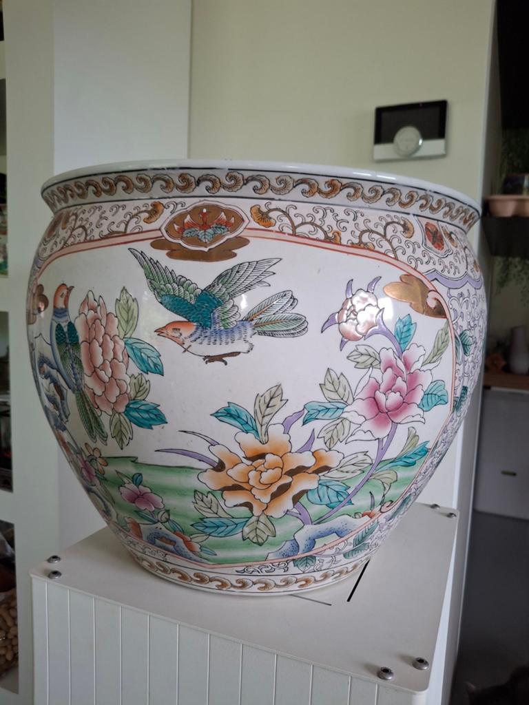 Chinese XXL Famille Rose Cachepot/Bloempot met Koi en Vogels, Verzenden