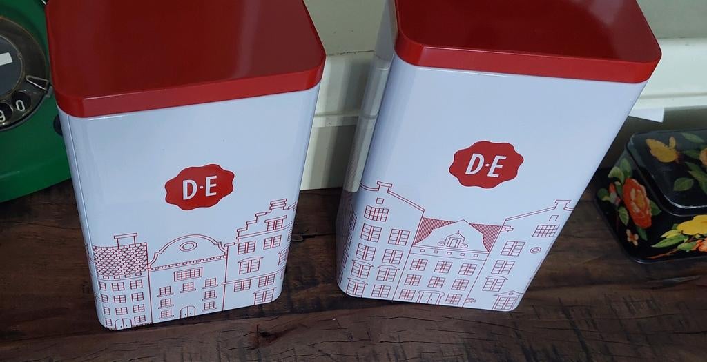 2 Douwe Egberts koffie-blik-ken smal - D.E. grachten-panden, Ophalen of Verzenden, Gebruikt, Koffie, Douwe Egberts