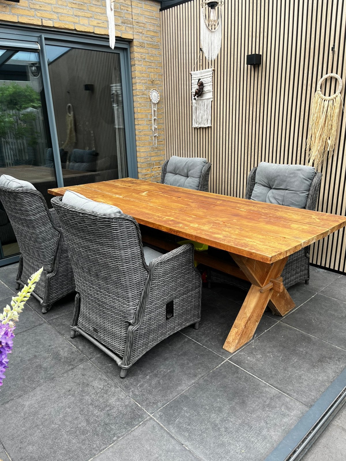 Teak tuintafel met 4 verstelbare tuinstoelen, Ophalen, 4 zitplaatsen, Gebruikt, Teakhout
