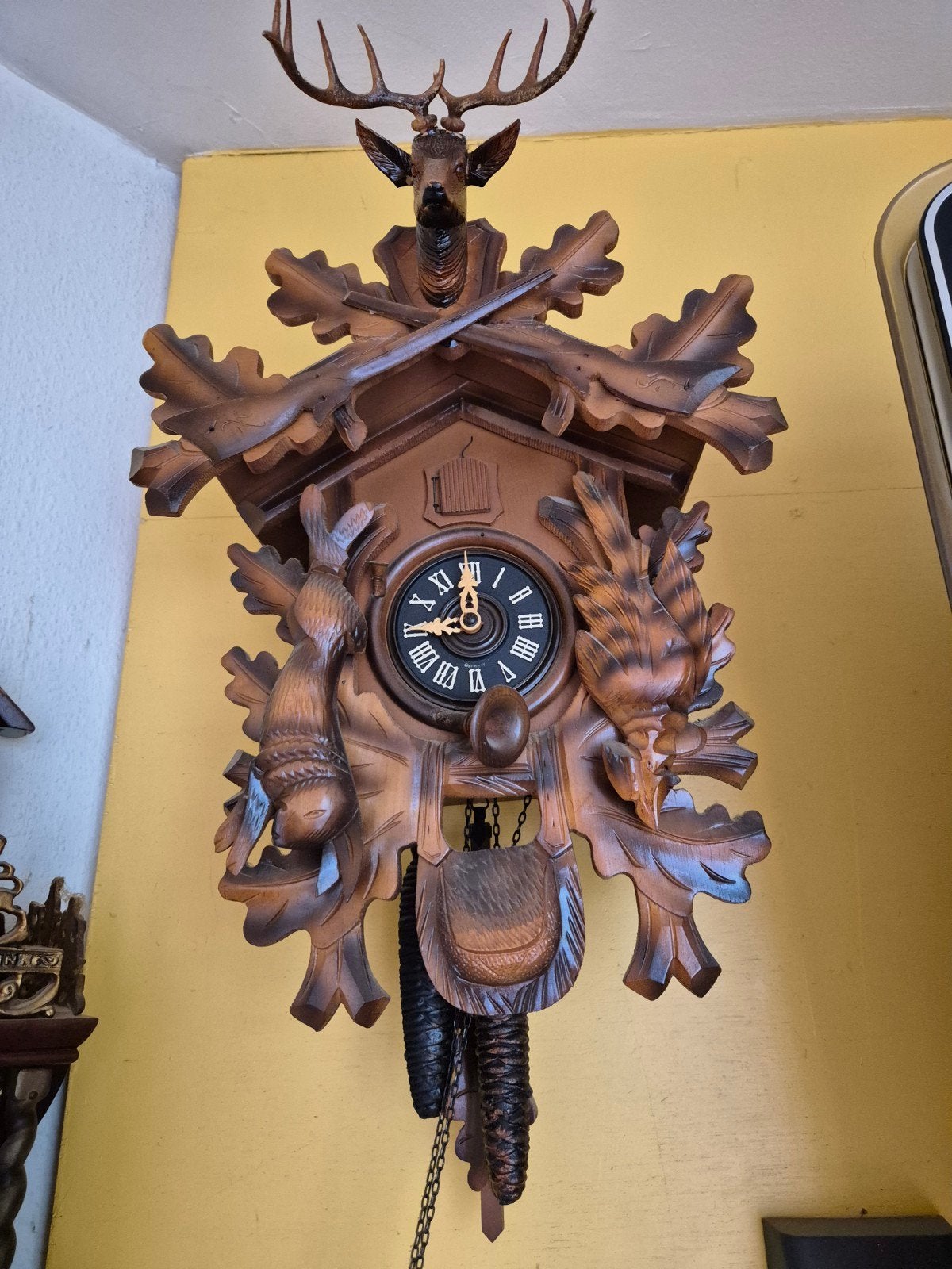 Antieke Koekoeksklok met Jachttafereel, Antiek en Kunst, Ophalen