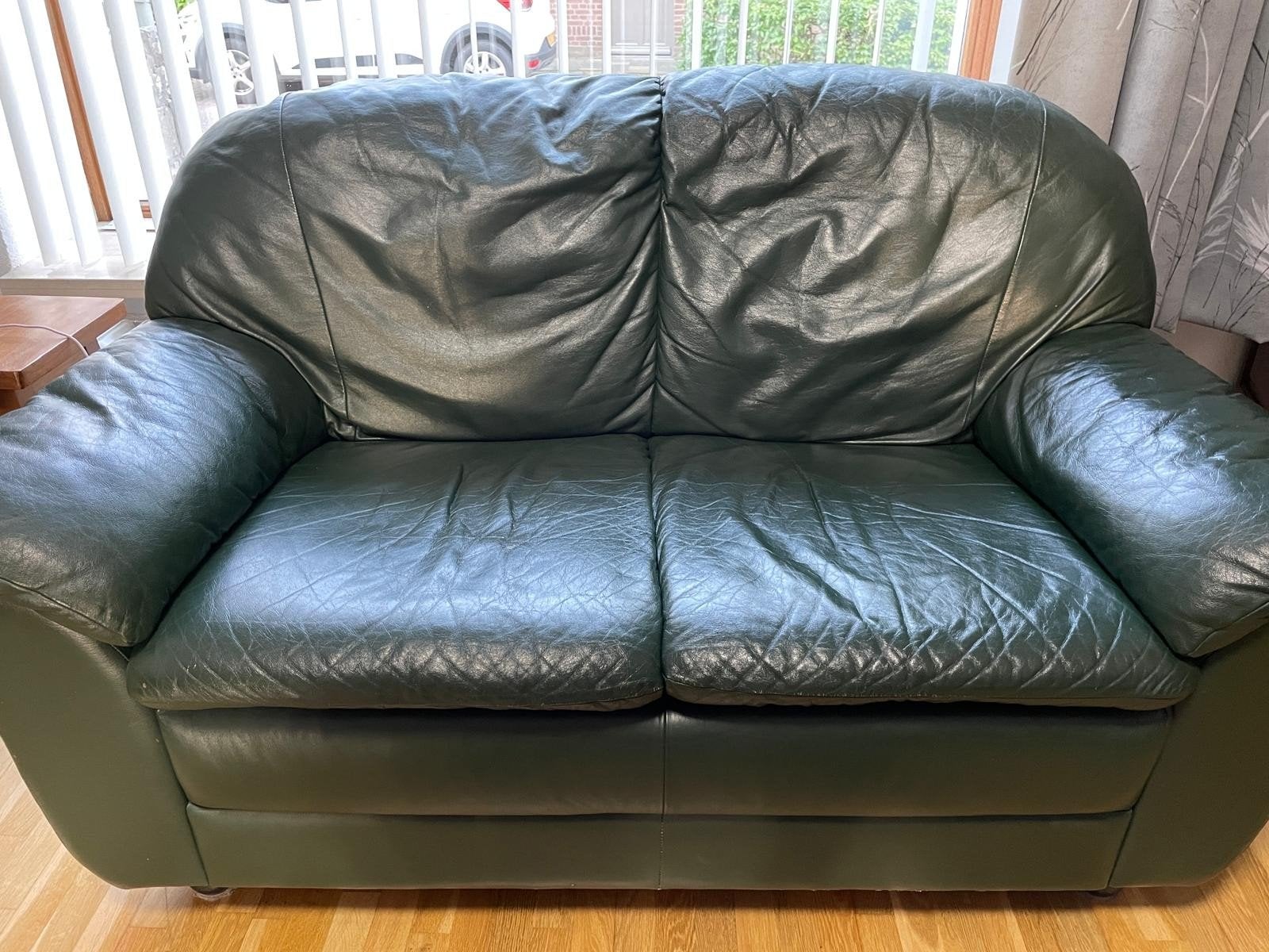 Groene leren bankstel: 3-zits, 2-zits en fauteuil, Ophalen, Gebruikt, Rechte bank, 200 tot 250 cm