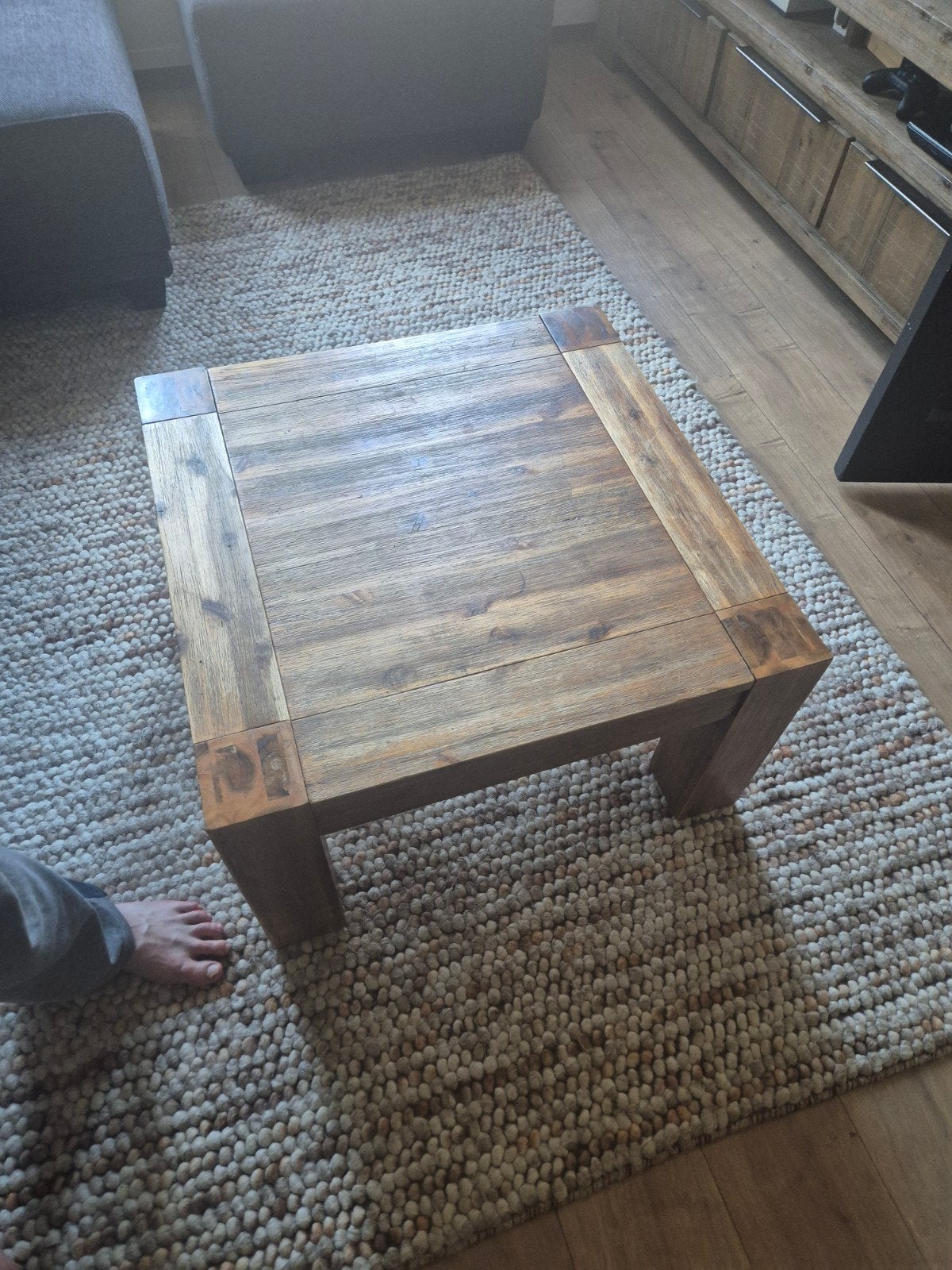 Robuuste massief houten salontafel 70x70 cm, Ophalen, Gebruikt, 100 tot 150 cm, 50 tot 100 cm