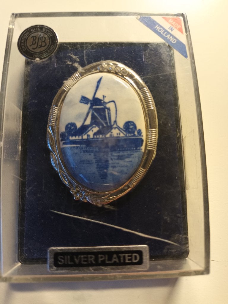 Delfts Blauwe Broche verzilverd, 4 tot 7 cm, Gebruikt, Blauw, Ophalen of Verzenden