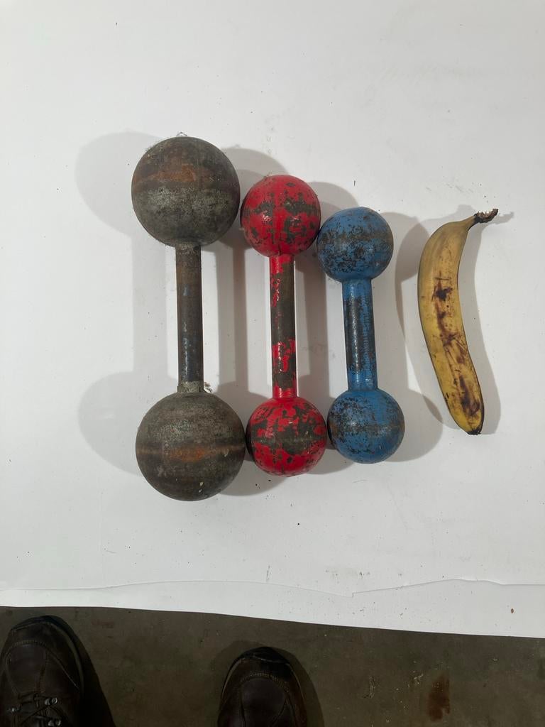 Set van 3 oude dumbbells, Ophalen, Dumbbell, Gebruikt, C