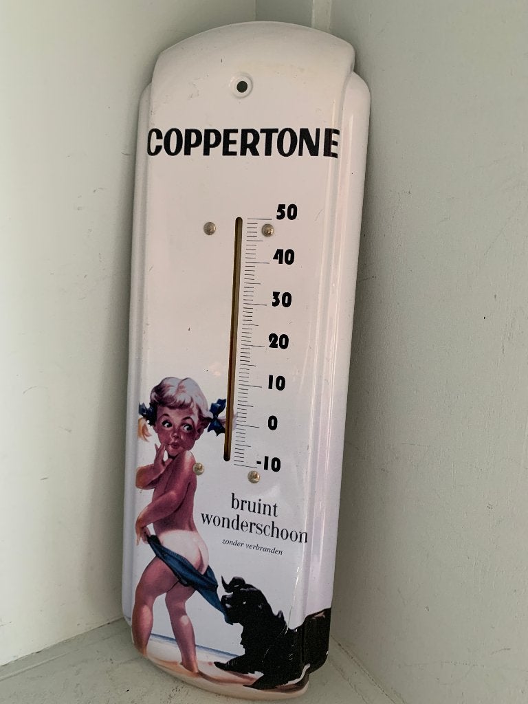 Vintage Coppertone Buitenthermometer - Zeldzaam, Buitenthermometer, Ophalen of Verzenden, Zo goed als nieuw, Metaal