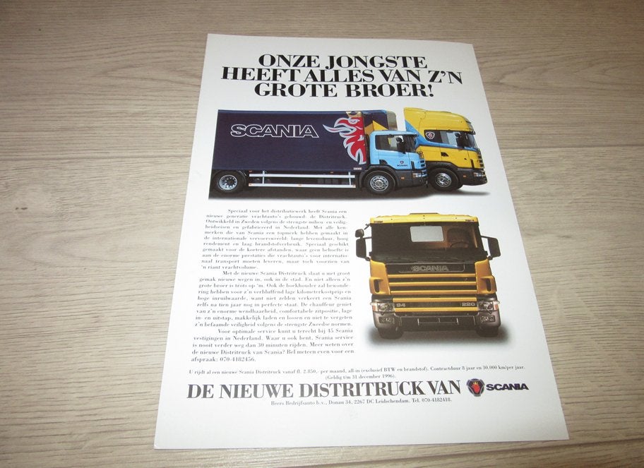 Scania brochure - Onze jongste heeft alles van z'n grote bro, Verzamelen, Verzenden, Zo goed als nieuw, Auto's