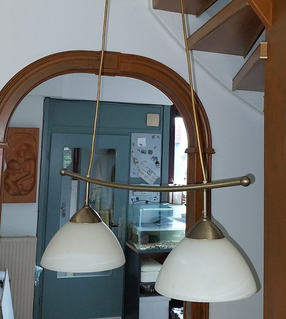Plafondlamp, Hanglamp Messingkleurig, Overige merken, Ophalen, Gebruikt, Glas