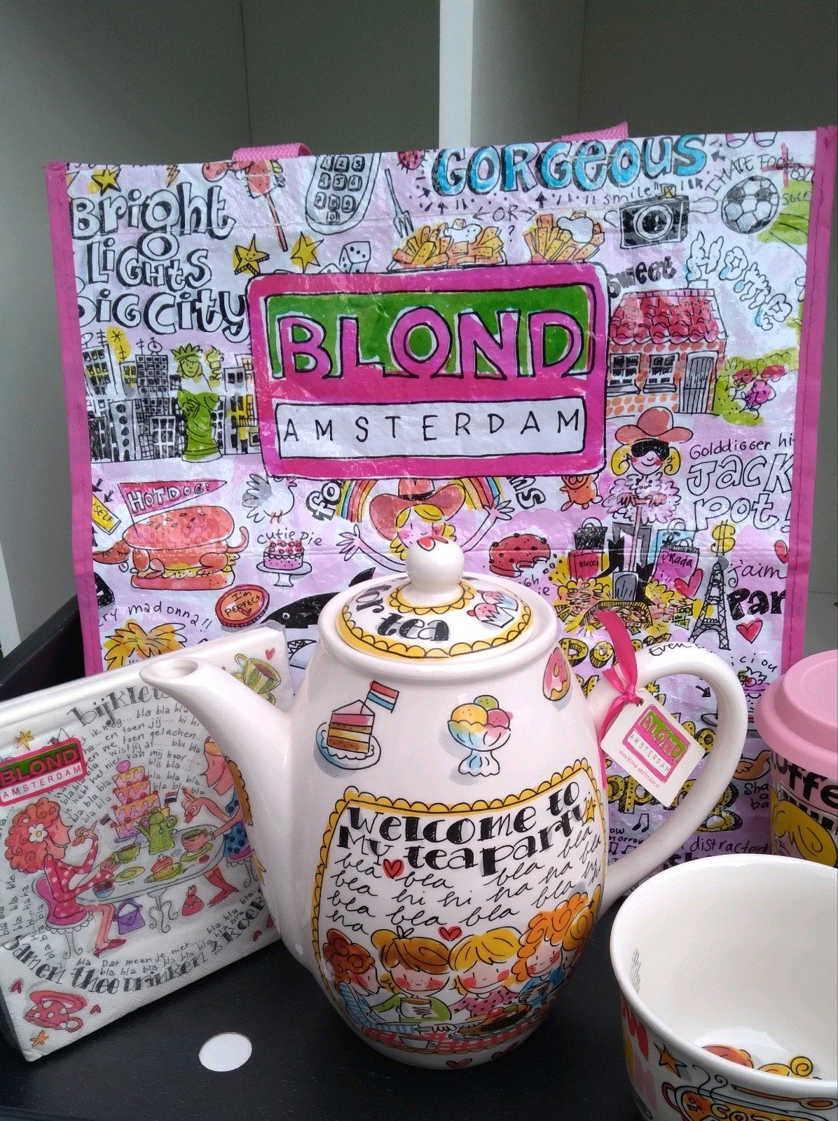 Blond Amsterdam XL Theepot met print Even Bijkletsen, Verzenden, Nieuw, Aardewerk, Overige typen