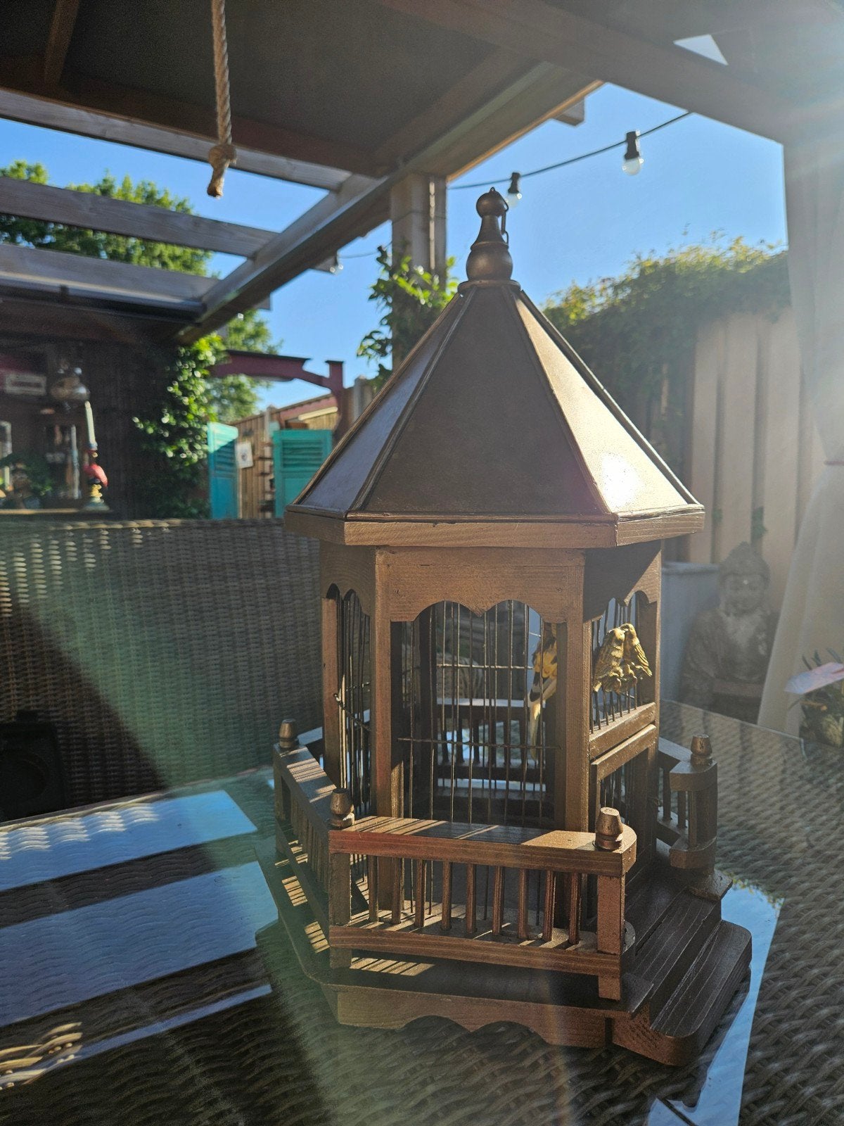 antieke vogelkooi met vogeltje erin, Ophalen