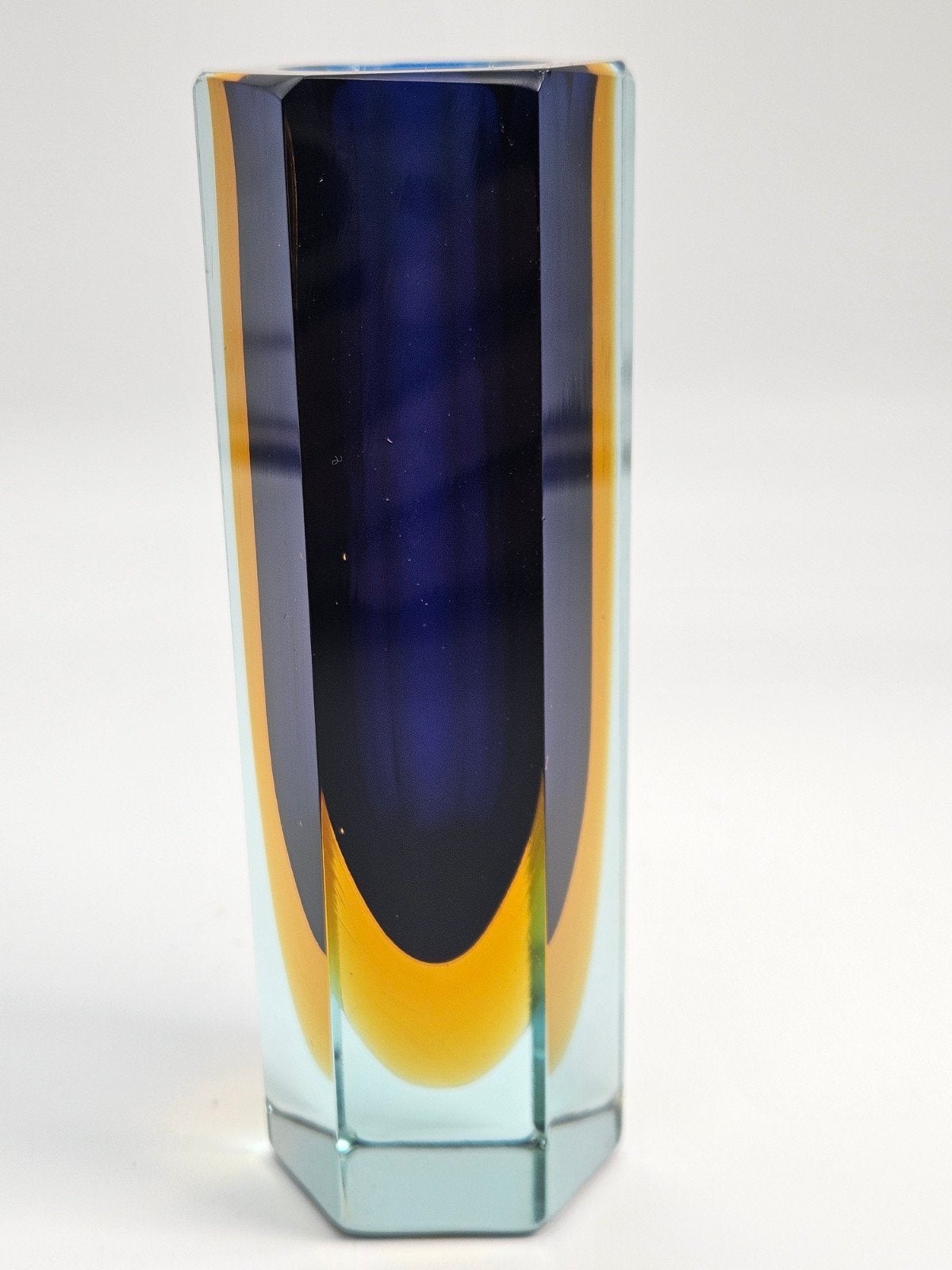 Murano Sommerso Vaas - Blauw, Geel en Helder Glas, Ophalen of Verzenden