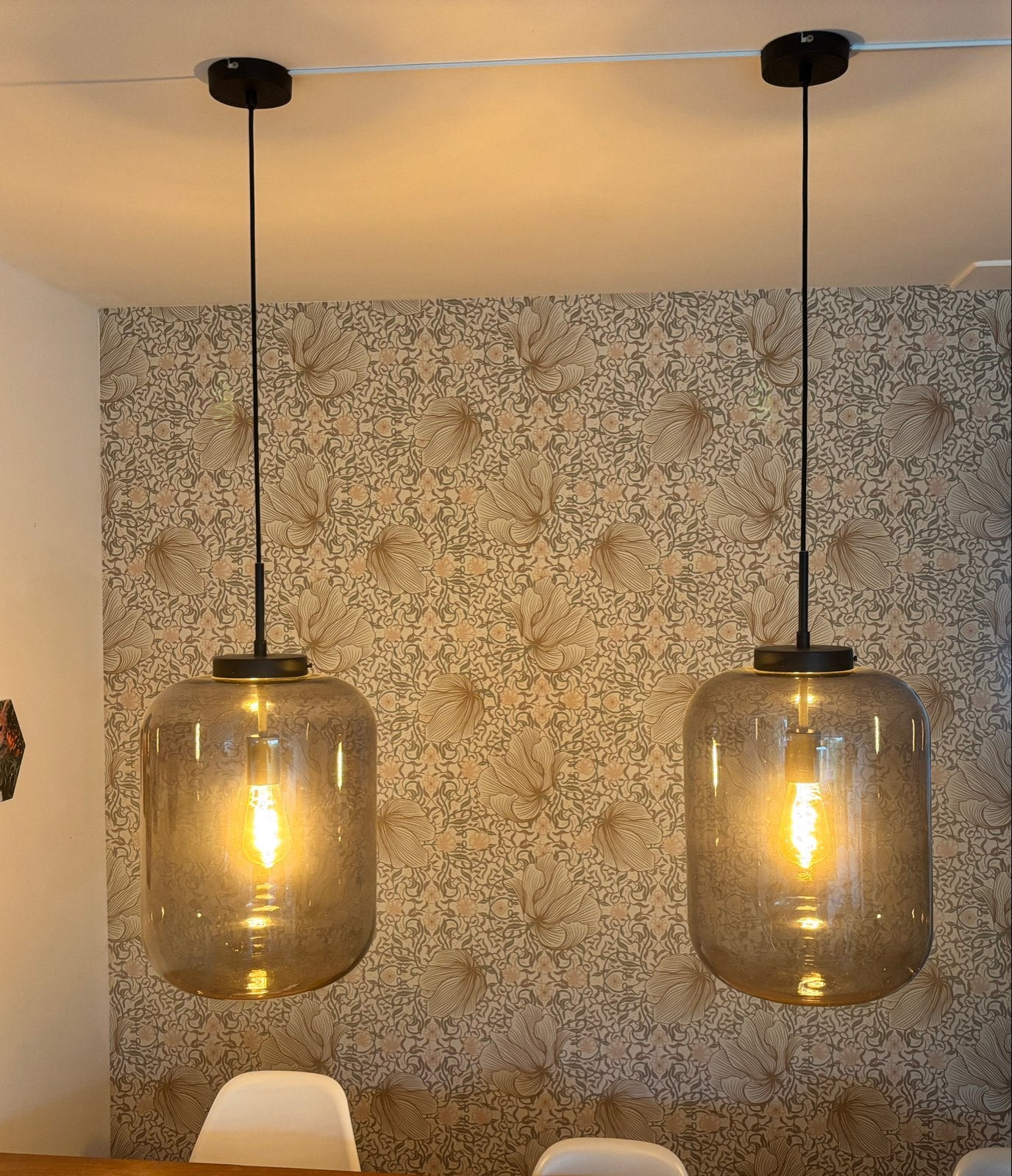 Set van 2 hanglampen (40x30cm) van Karwei Juno XXL, Huis en Inrichting, Lampen | Hanglampen, Ophalen, Zo goed als nieuw, Glas