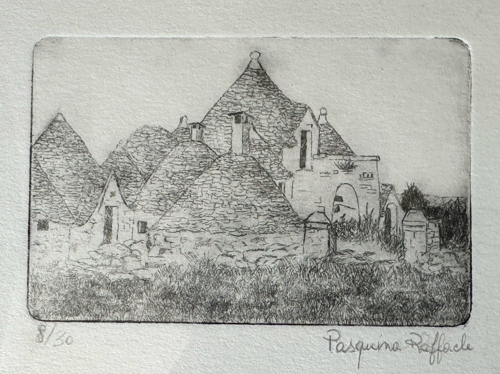 Kleine ets schilderij Italië Puglia 27/19 cm, Antiek en Kunst, Ophalen of Verzenden