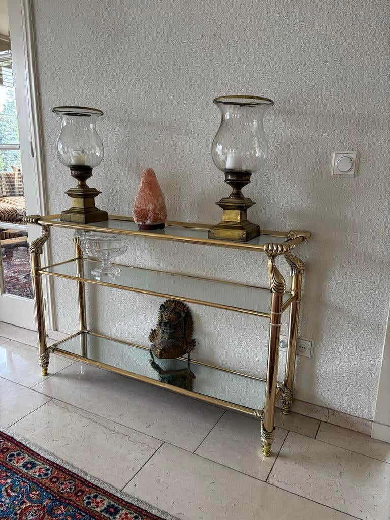 Messing en Glazen Sidetable en serveerwagen top staat, Huis en Inrichting, Ophalen, Gebruikt, 100 tot 150 cm, Glas