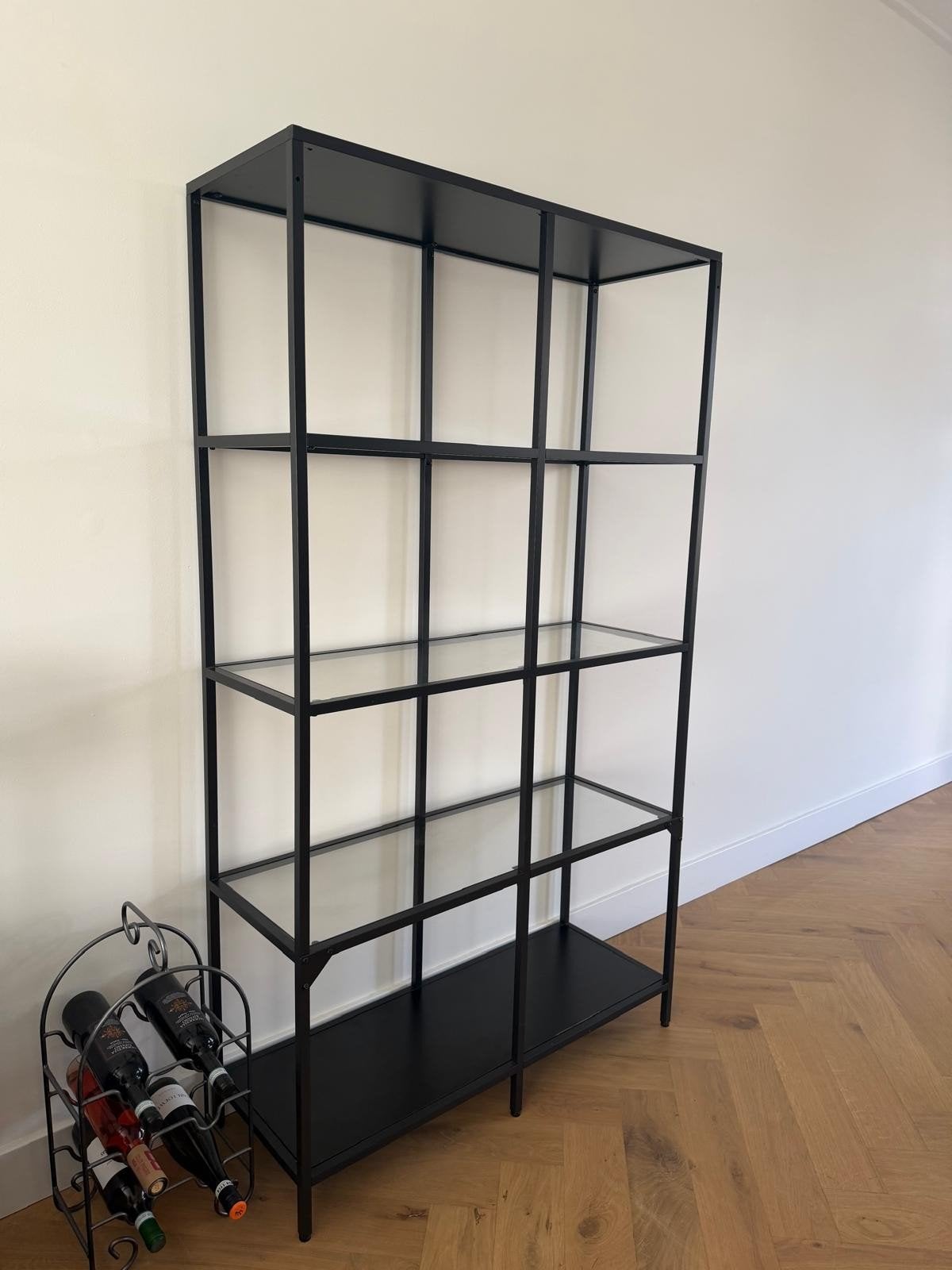 Modern zwart metalen rek met glazen planken, Ophalen, Met plank(en), Modern, Industrieel, 50 tot 100 cm