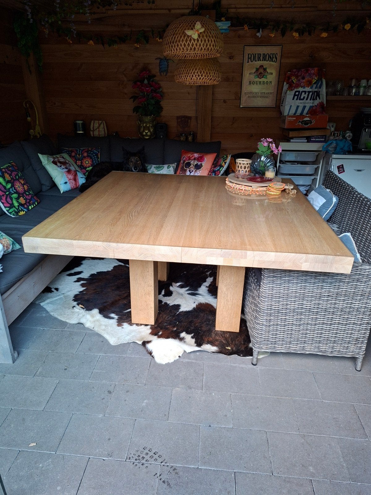 Mooie zware eikenhouten eettafel 150x150, Ophalen, 100 tot 150 cm, Eikenhout, 200 cm of meer