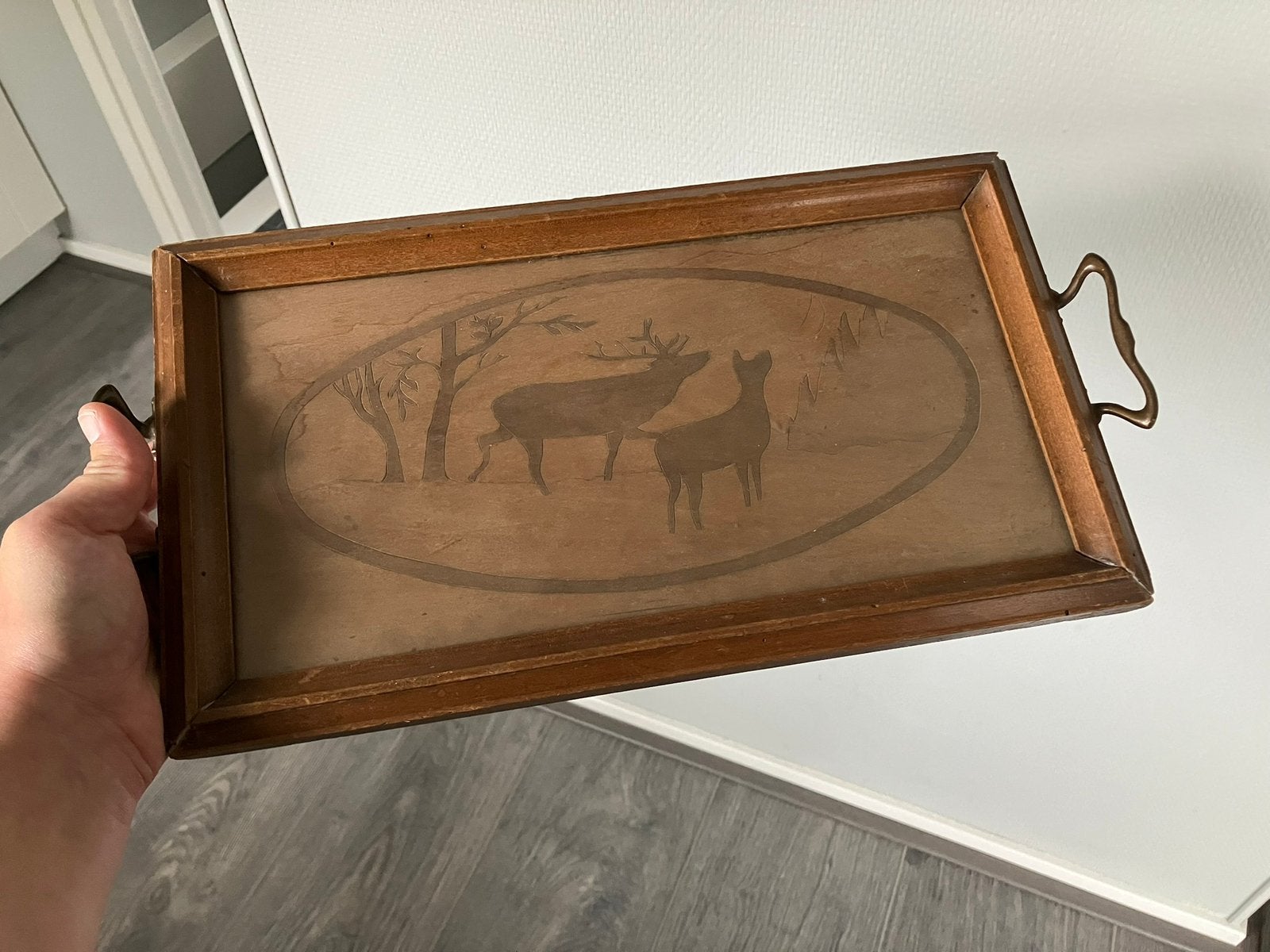 Brocante hout houten dienblad intarsia-inlegwerk edelherten, Ophalen of Verzenden, Zo goed als nieuw, Rechthoekig, Hout